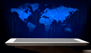 World map with dots with a tablet below