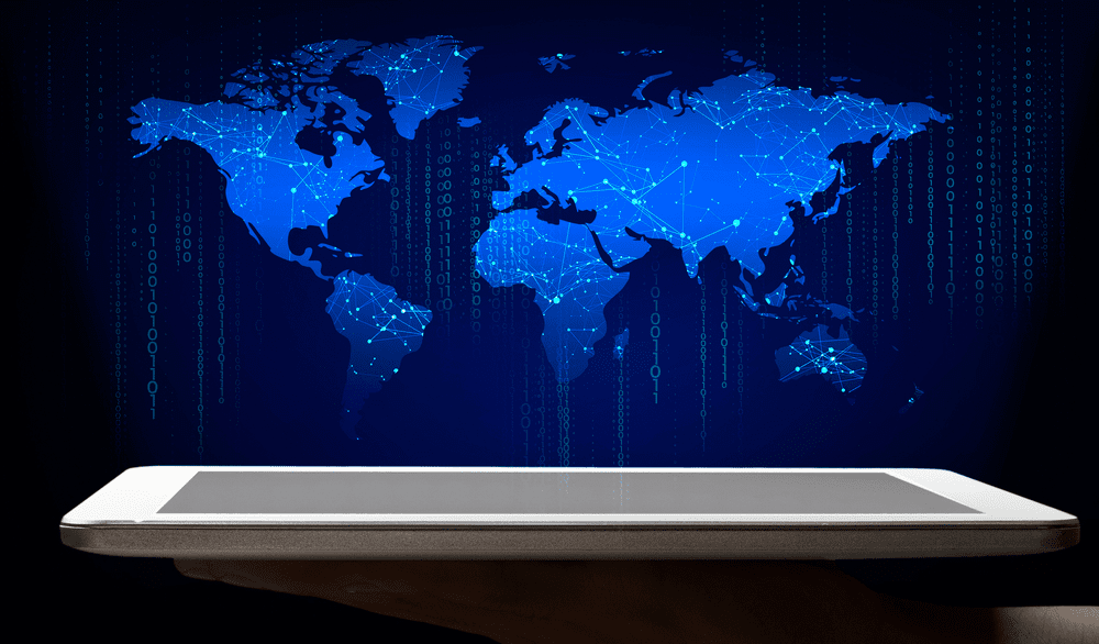 World map with dots with a tablet below