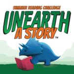 dinosaur reading a book and text that says unearth a story