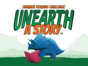 dinosaur reading a book and text that says unearth a story