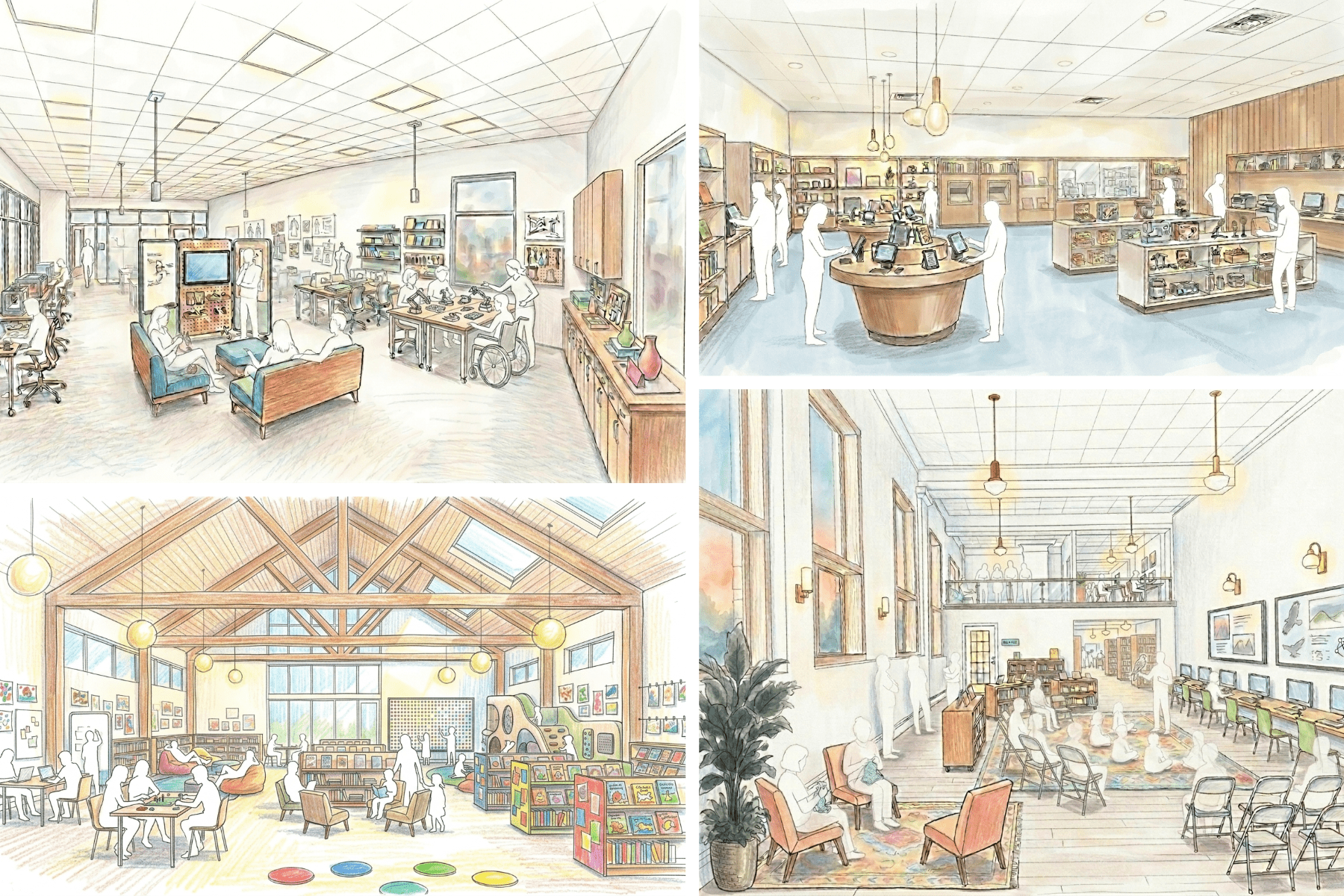 drawings of library spaces