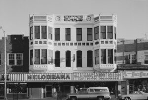 Black and white photo of 1970's Atlas Theatre facade.