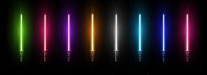 Rainbow colored light sabers, with a black background.